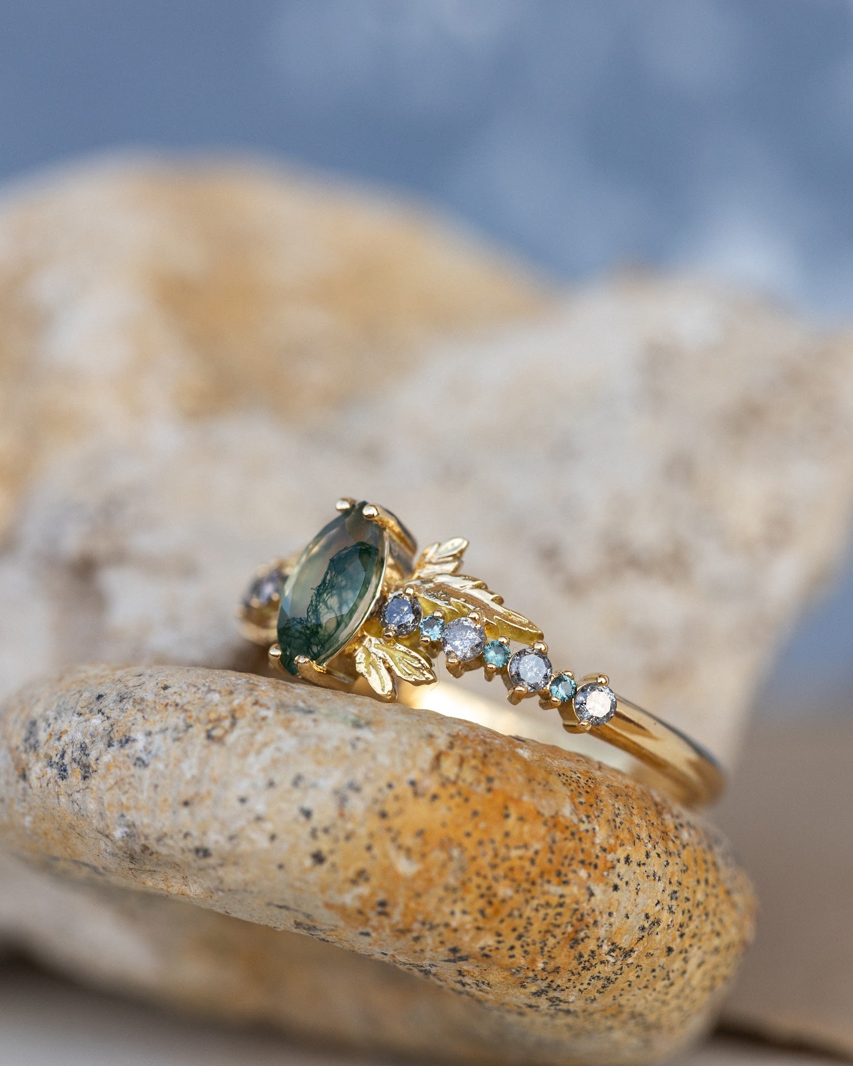 Moss agate and accents sapphires and diamonds engagement ring, nature inspired gold leaf ring / Verbena - Eden Garden Jewelry™