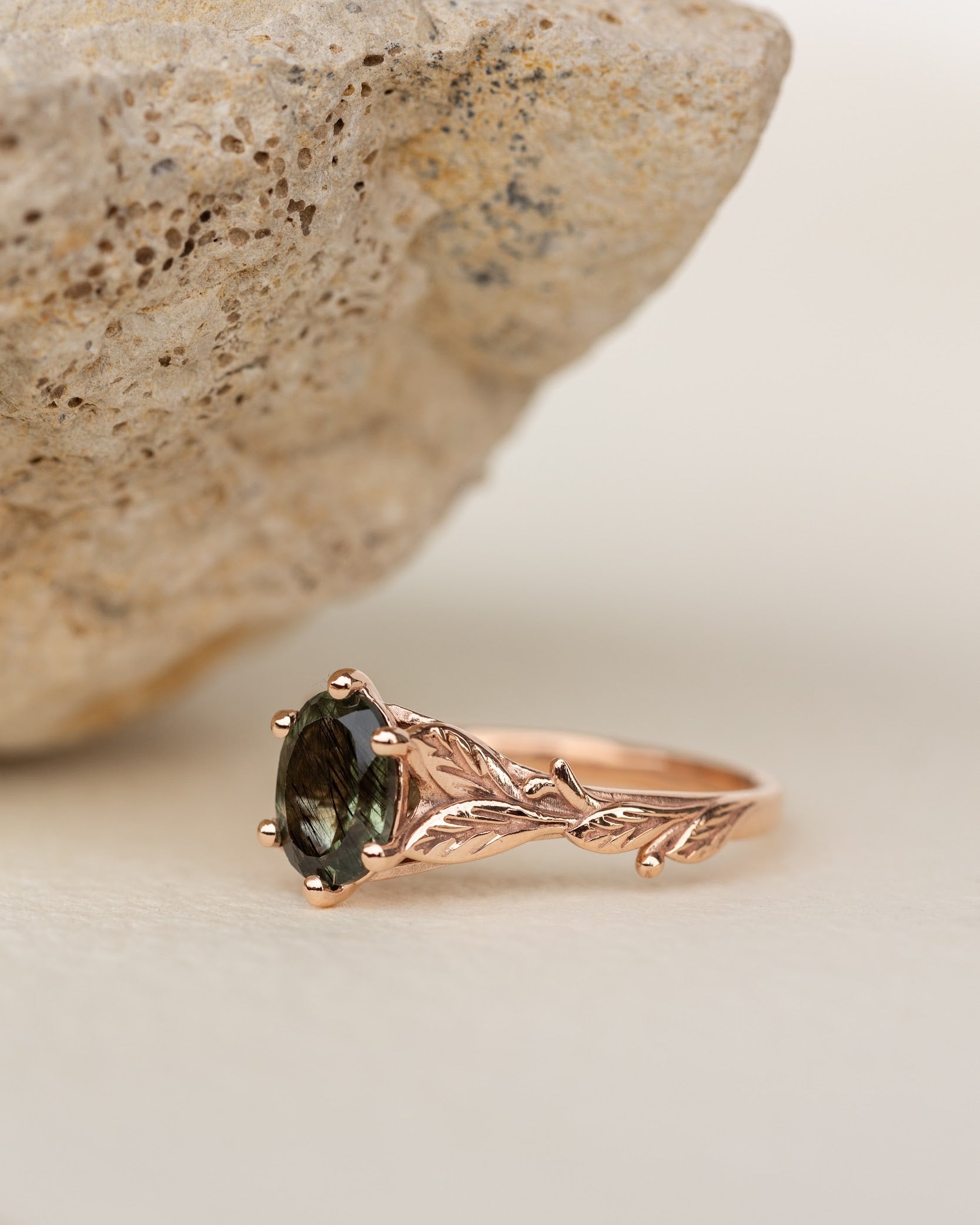 Freesia ring in 14K rutile peridot, rose gold, 8x6 mm oval cut - Eden Garden Jewelry™