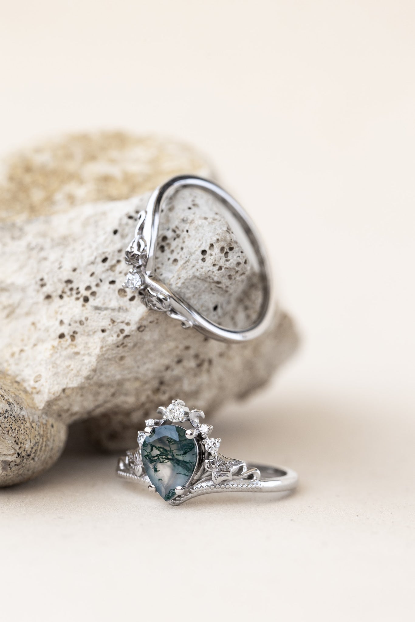 READY TO SHIP: Ariadne ring in 14K or 18K white gold, pear cut moss agate, accent lab grown diamonds, RING SIZE:  7US