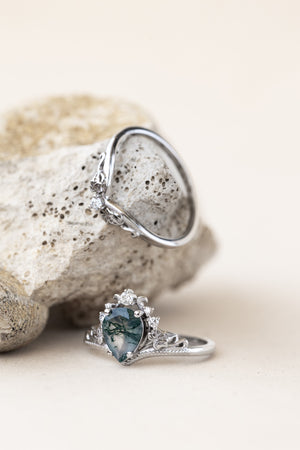 READY TO SHIP: Ariadne ring in 14K or 18K white gold, pear cut moss agate, accent lab grown diamonds, RING SIZE:  7US