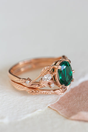 Lab emerald rose gold engagement ring set, leaves and diamonds bridal ring set / Patricia - Eden Garden Jewelry™