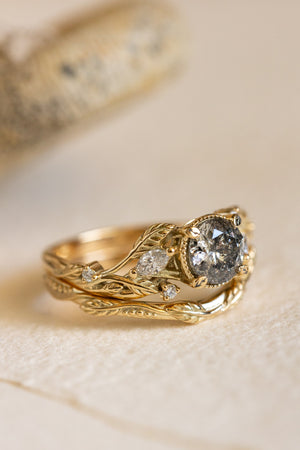 Natural round cut salt & pepper diamond bridal ring set with accent diamonds / Patricia - Eden Garden Jewelry™