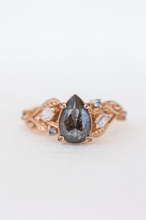 READY TO SHIP: Exclusive Patricia pear cut salt & pepper diamond ring set in rose gold, AVAILABLE RING SIZES: 4US