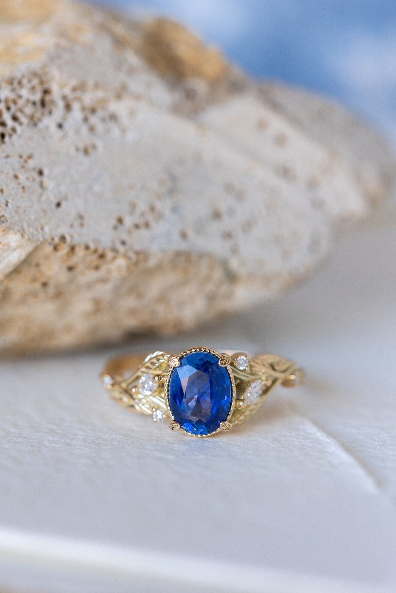 READY TO SHIP: Patricia ring in 14K yellow gold, natural vivid blue sapphire 8x6 mm, accent natural diamonds, AVAILABLE RING SIZES: 7 US