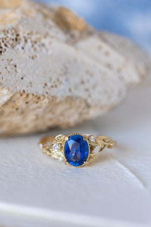 READY TO SHIP: Patricia ring in 18K yellow gold, natural vivid blue sapphire 8x6 mm, accent lab grown diamonds, AVAILABLE RING SIZES: 7US