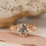 Pear moss agate engagement ring with half-halo diamond, rose gold flower proposal ring / Adelina - Eden Garden Jewelry™