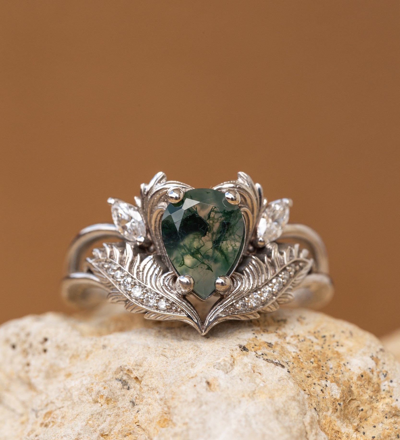 READY TO SHIP: Adonis ring in 14K white gold, pear cut moss agate, accent lab grown diamonds, RING SIZES: 4.5 - 8.75 US - Eden Garden Jewelry™