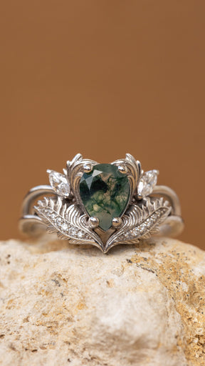 READY TO SHIP: Adonis ring in 14K white gold, pear cut moss agate, accent lab grown diamonds, RING SIZES: 4.5 - 8.75 US - Eden Garden Jewelry™