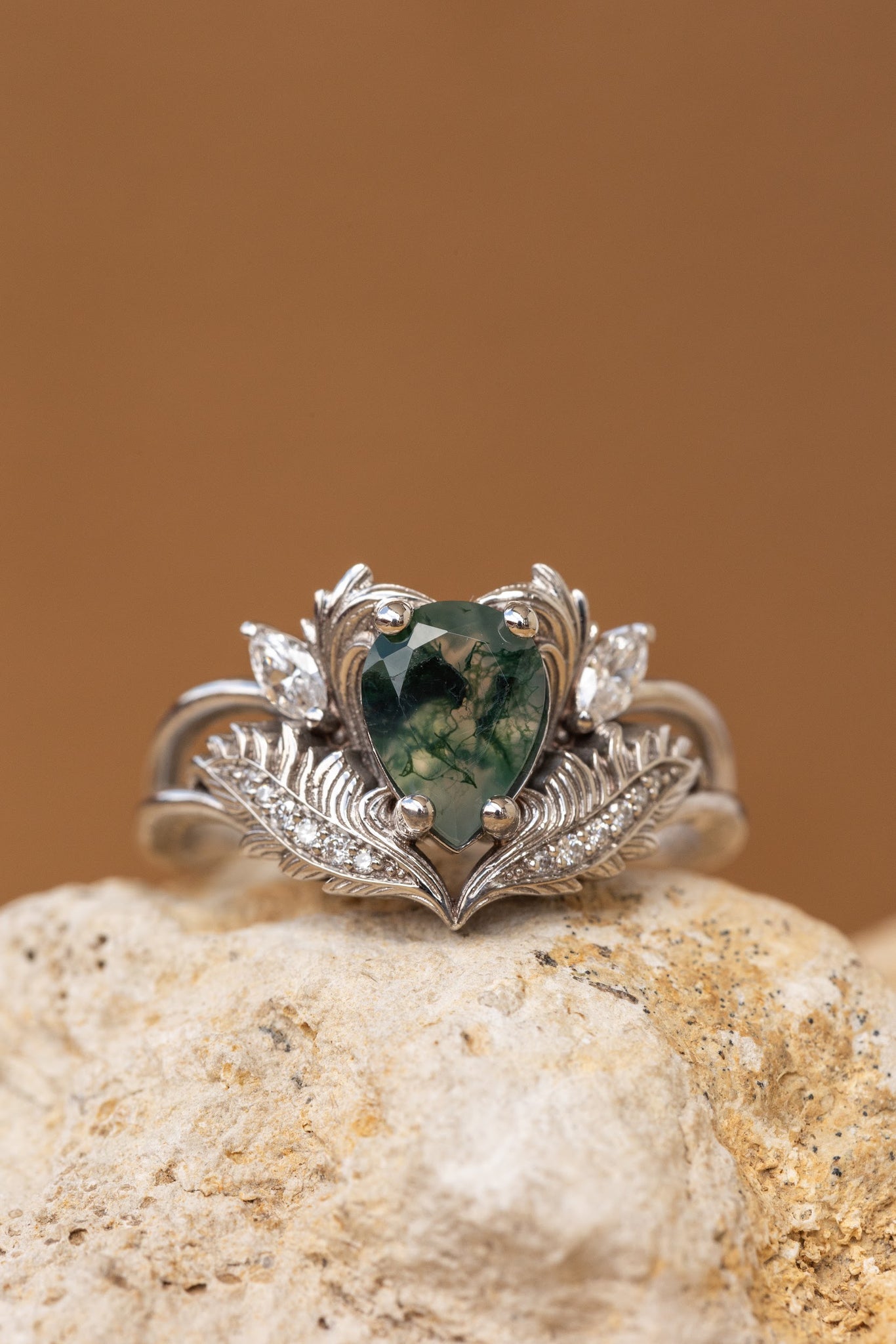 READY TO SHIP: Adonis ring in 14K white gold, pear cut moss agate, accent lab grown diamonds, RING SIZES: 5.75 - 8.75 US