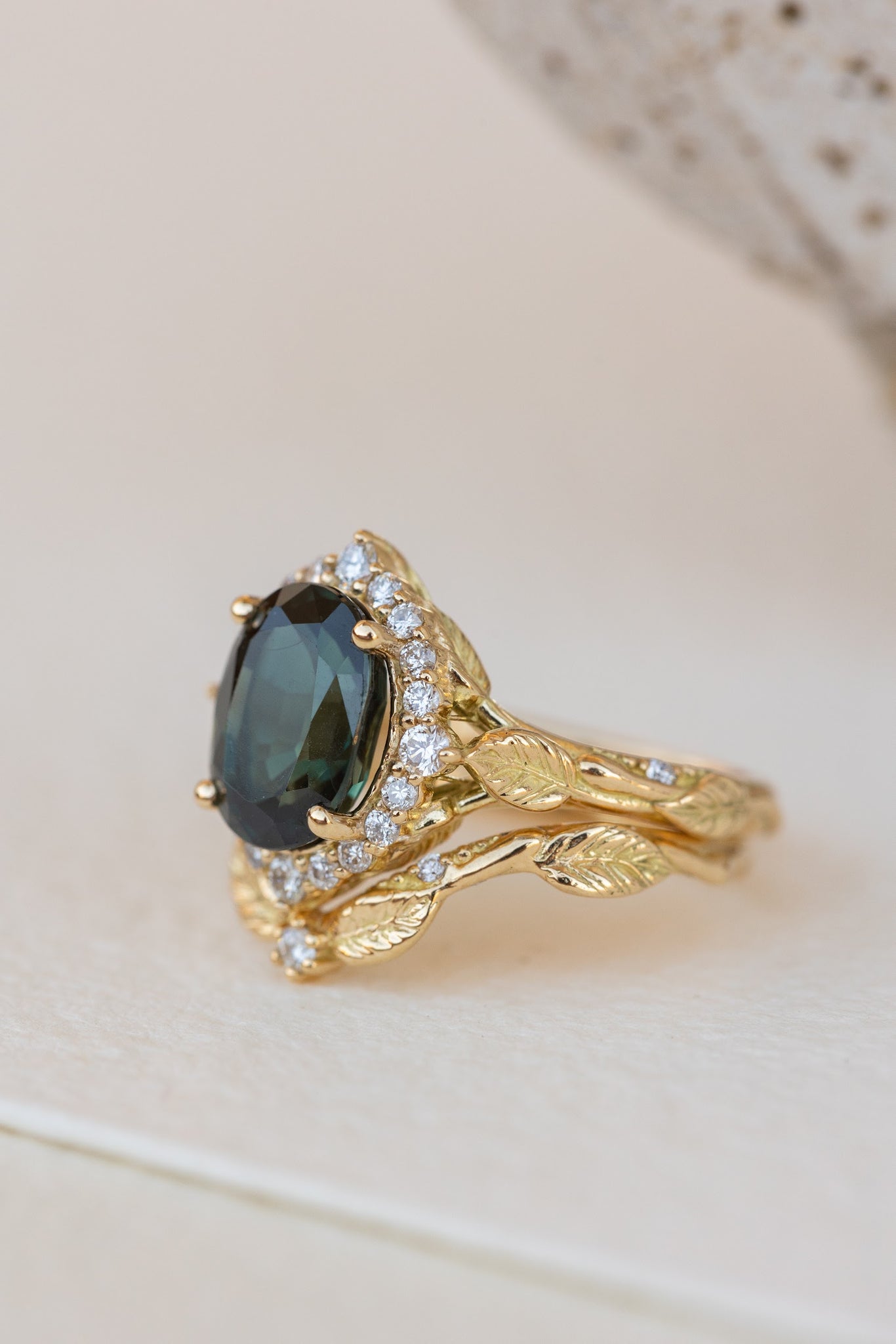 Dark teal genuine sapphire engagement ring set, diamond halo bridal ring set / Florentina - Eden Garden Jewelry™
