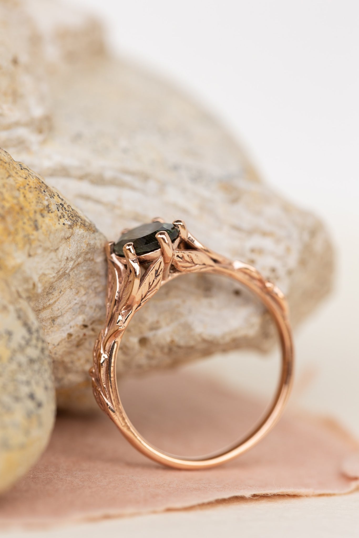 Freesia ring in 14K rutile peridot, rose gold, 8x6 mm oval cut - Eden Garden Jewelry™