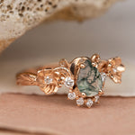 Pear moss agate engagement ring with half-halo diamond, rose gold flower proposal ring / Adelina - Eden Garden Jewelry™