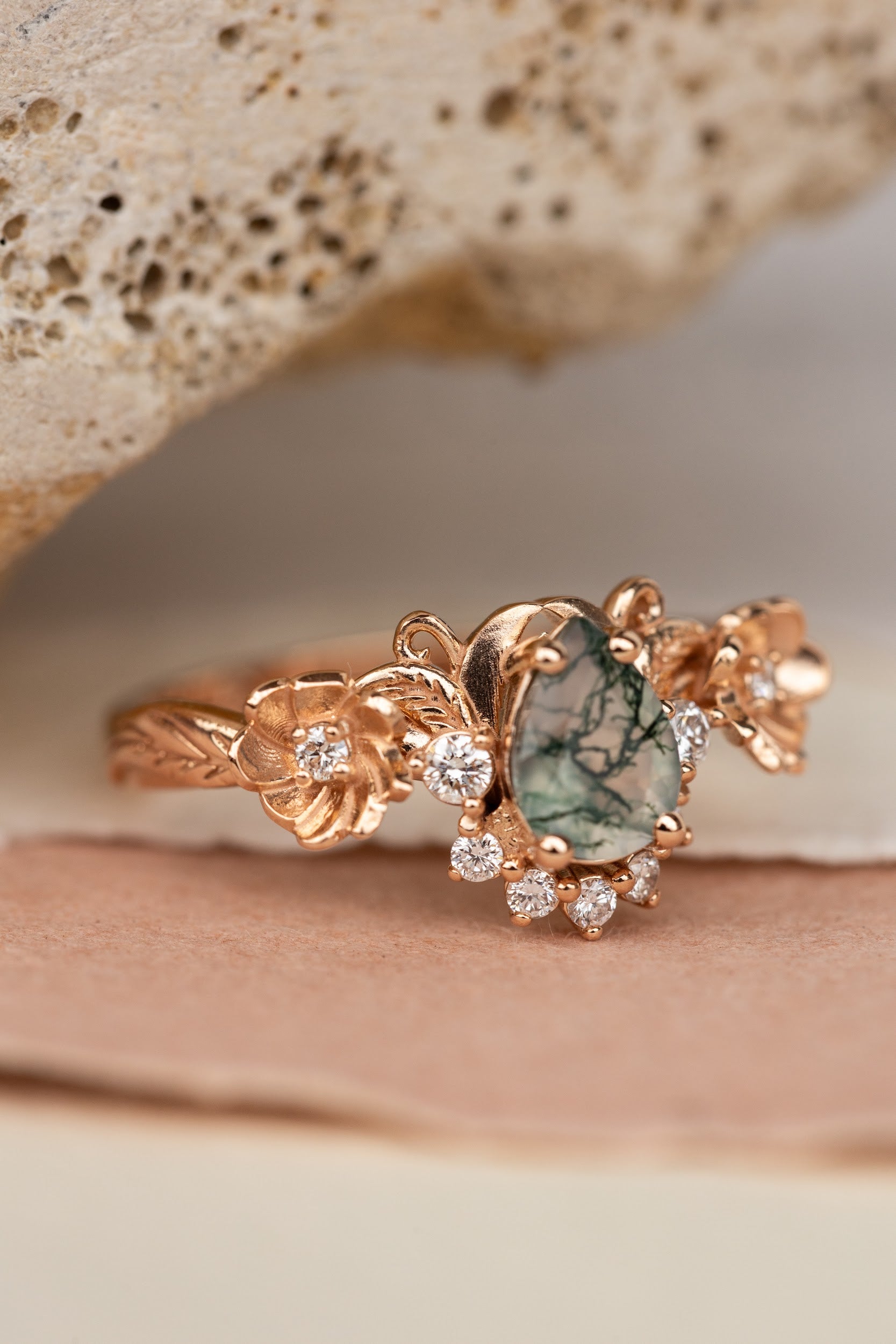 Pear moss agate engagement ring with half-halo diamond, rose gold flower proposal ring / Adelina - Eden Garden Jewelry™