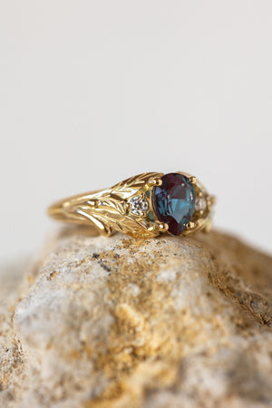 Colour changing alexandrite engagement ring with accent diamonds, gold leaf proposal ring / Wisteria - Eden Garden Jewelry™
