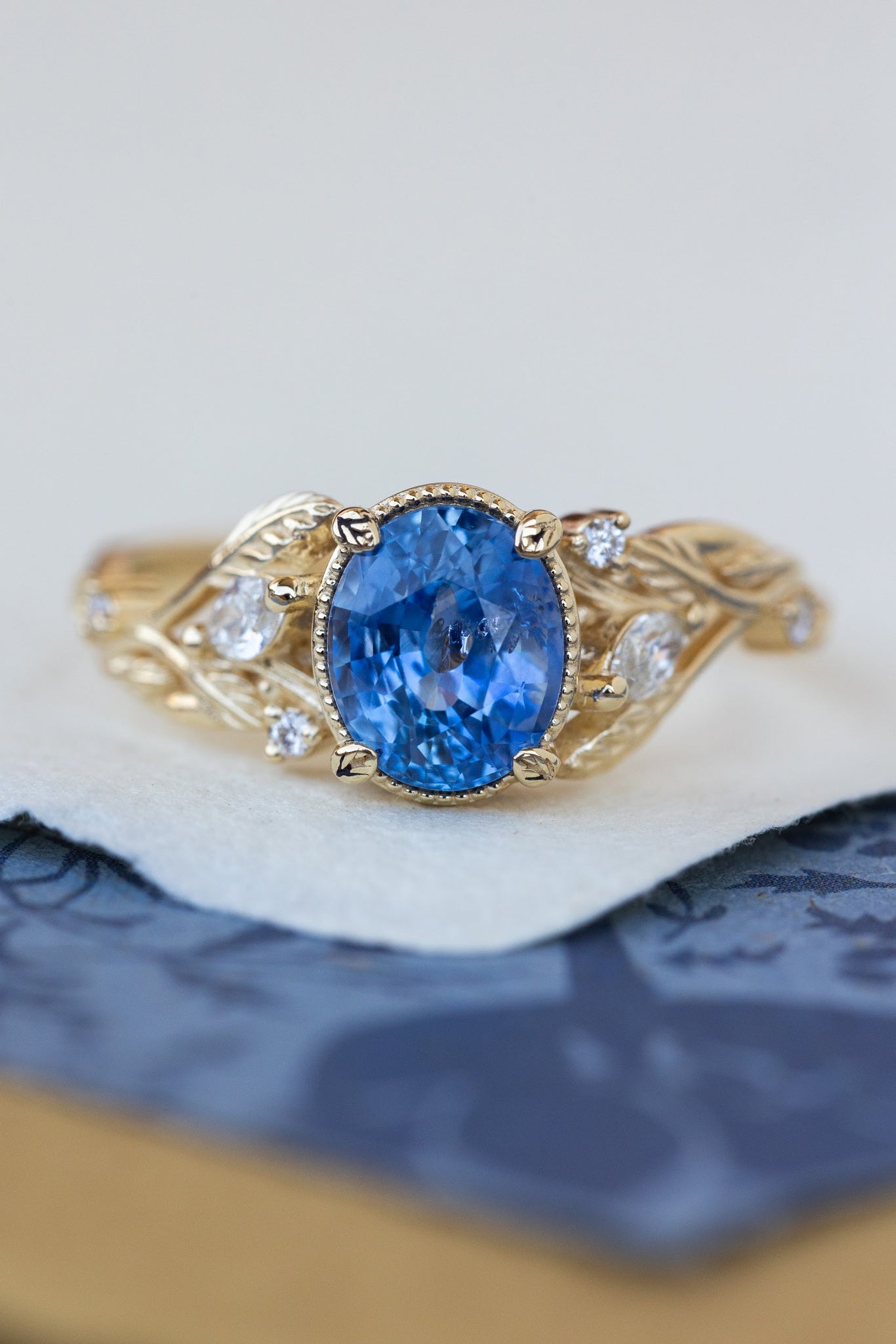 Natural oval blue sapphire engagement ring, gold leaves and diamonds proposal ring / Patricia - Eden Garden Jewelry™