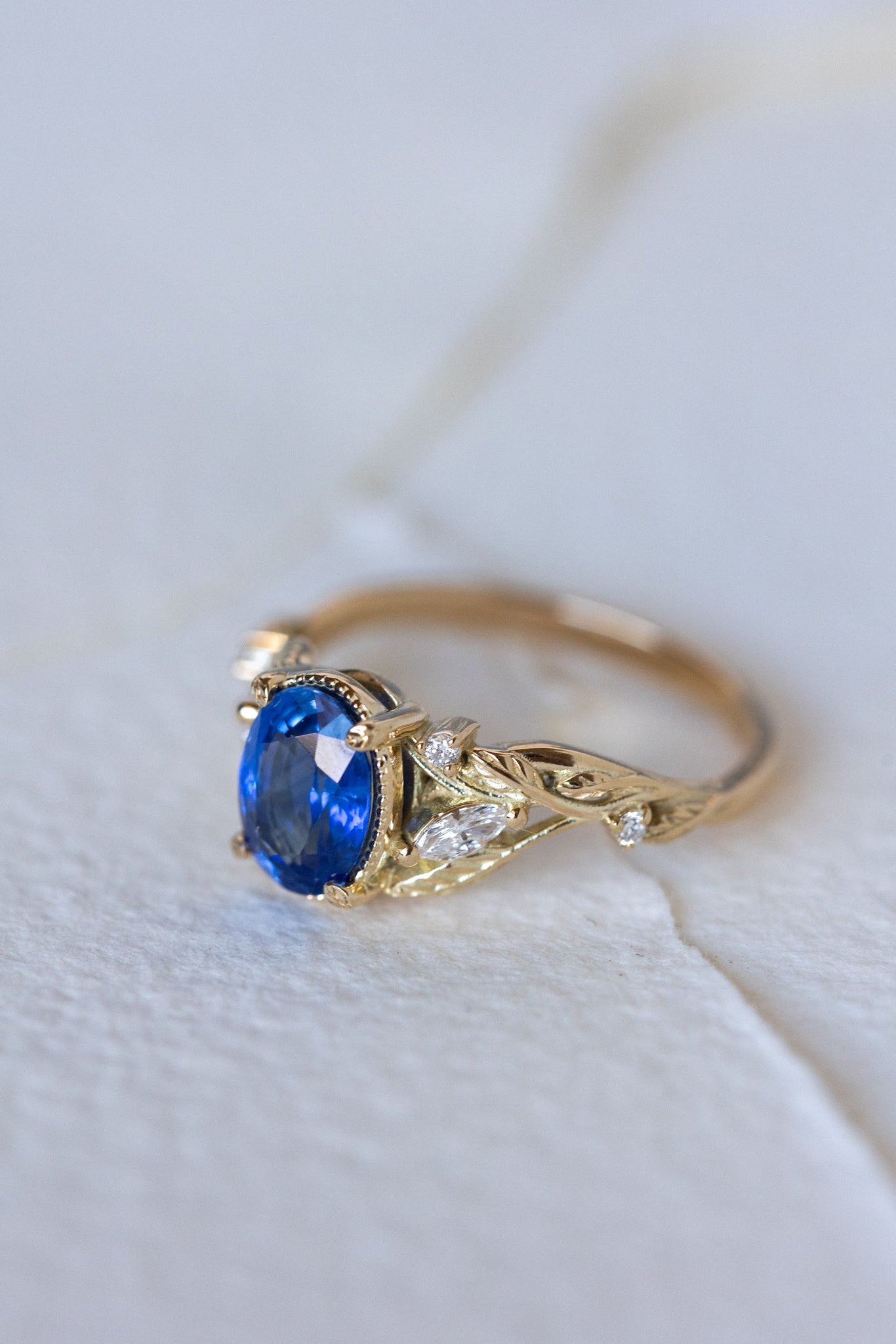 READY TO SHIP: Patricia ring in 14K yellow gold, natural vivid blue sapphire 8x6 mm, accent natural diamonds, AVAILABLE RING SIZES: 7 US