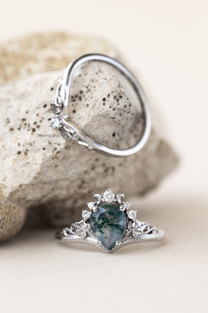 READY TO SHIP: Ariadne ring in 14K or 18K white gold, pear cut moss agate, accent lab grown diamonds, RING SIZE:  7US