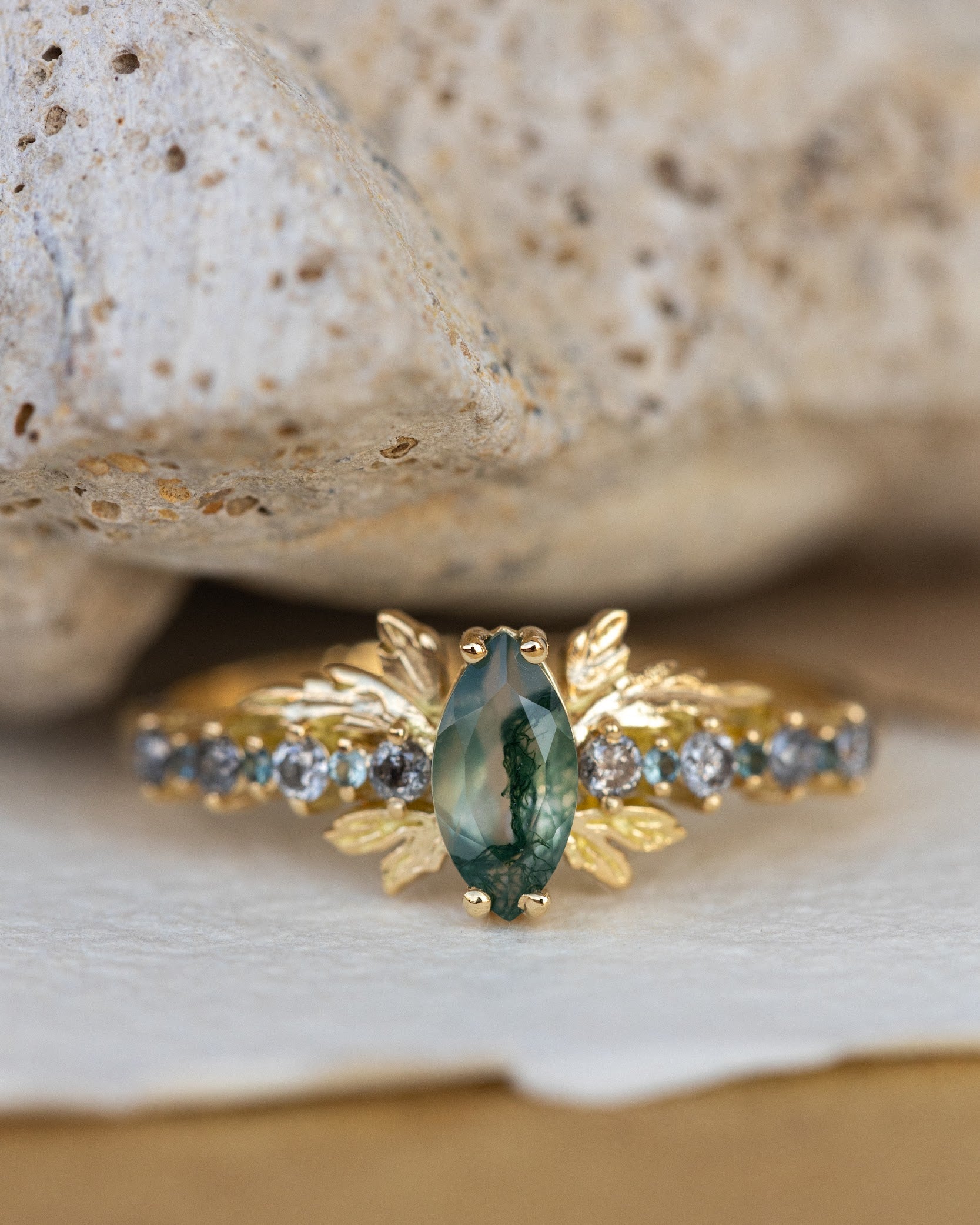 Moss agate and accents sapphires and diamonds engagement ring, nature inspired gold leaf ring / Verbena - Eden Garden Jewelry™