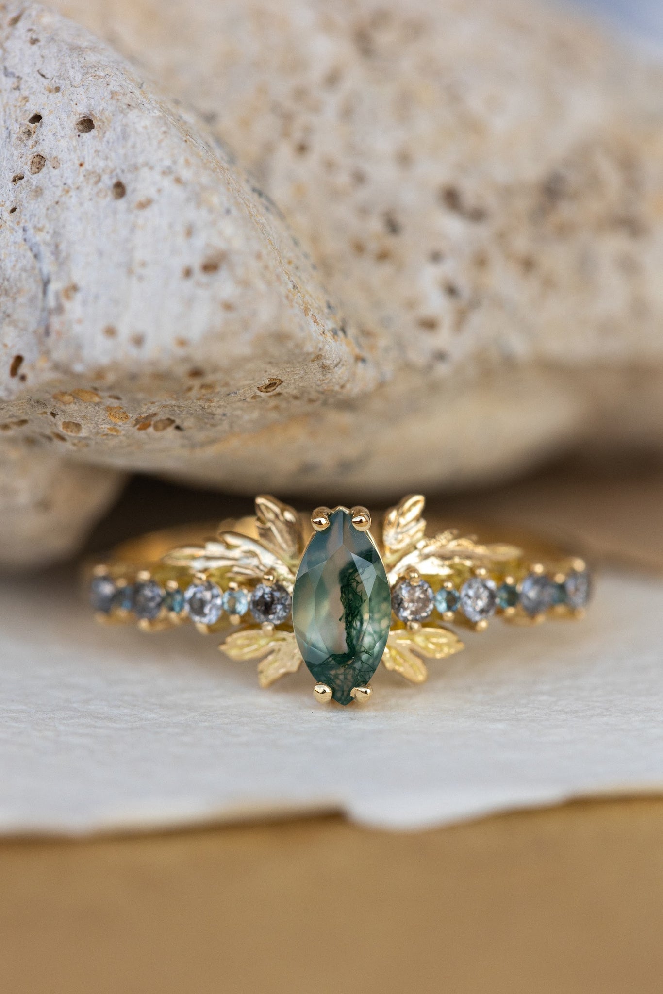 Moss agate and accents sapphires and diamonds engagement ring, nature inspired gold leaf ring / Verbena - Eden Garden Jewelry™