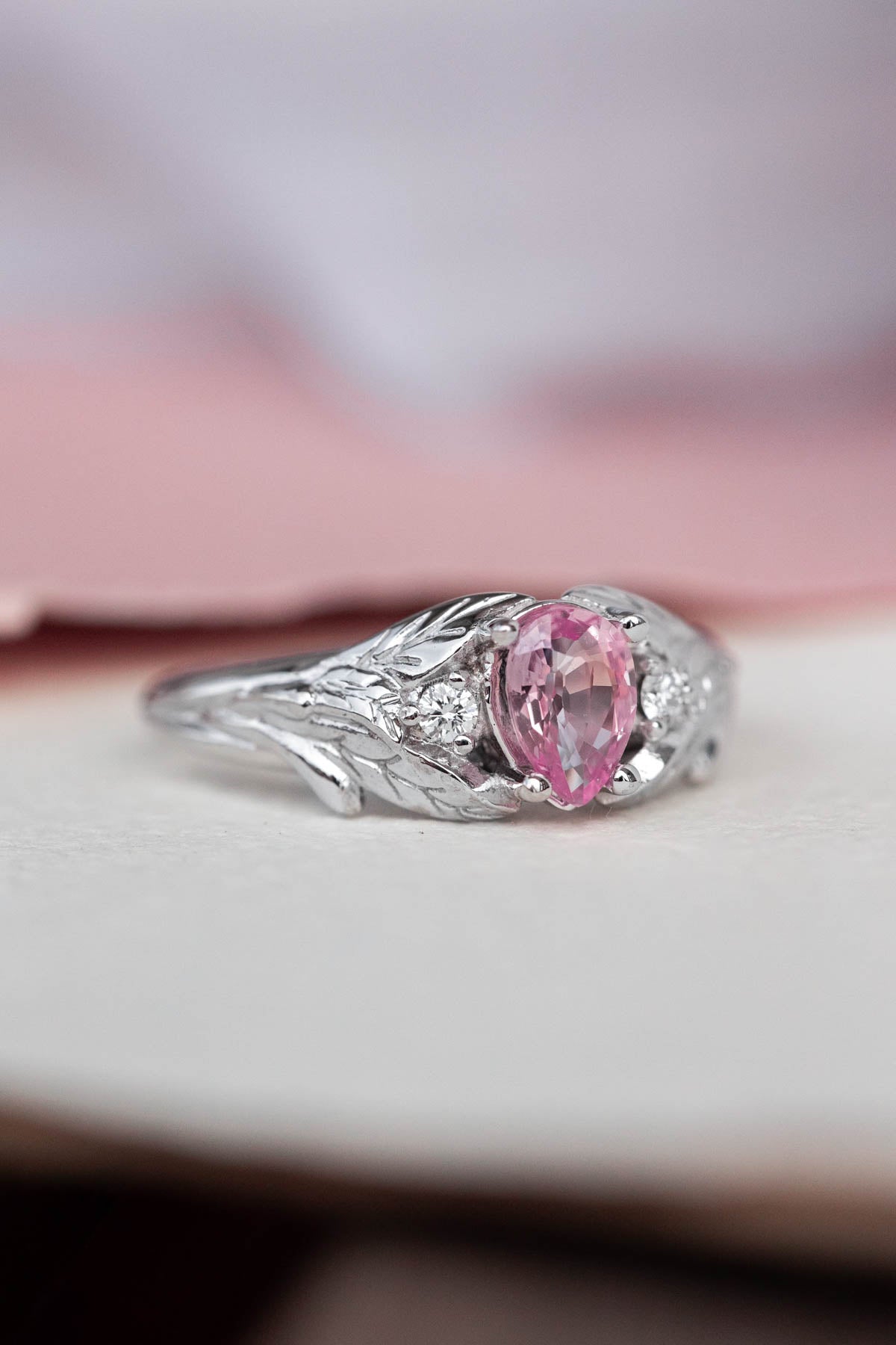 Natural pink sapphire engagement ring, white gold leaf proposal ring with accent diamonds / Wisteria - Eden Garden Jewelry™