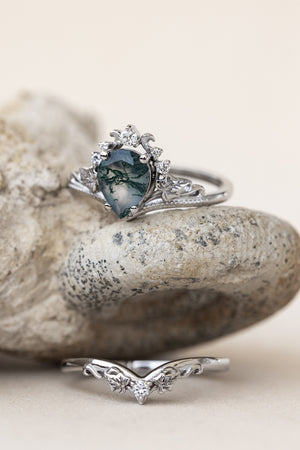 READY TO SHIP: Ariadne ring in 14K or 18K white gold, pear cut moss agate, accent lab grown diamonds, RING SIZE:  7US