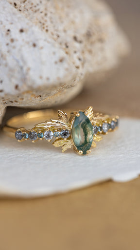 Moss agate and accents sapphires and diamonds engagement ring, nature inspired gold leaf ring / Verbena - Eden Garden Jewelry™