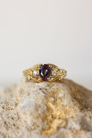 READY TO SHIP: Wisteria in 14K yellow gold, pear alexandrite 7x5 mm, moissanites, RING SIZE 4.5-6.5US - Eden Garden Jewelry™
