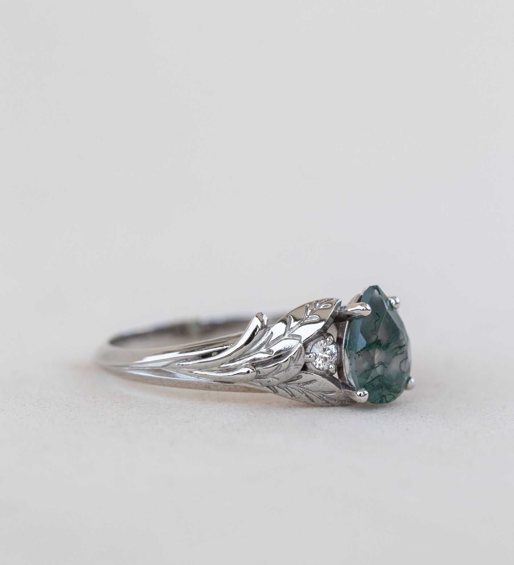 Green moss agate engagement ring, promise leaf ring with diamonds / Wisteria