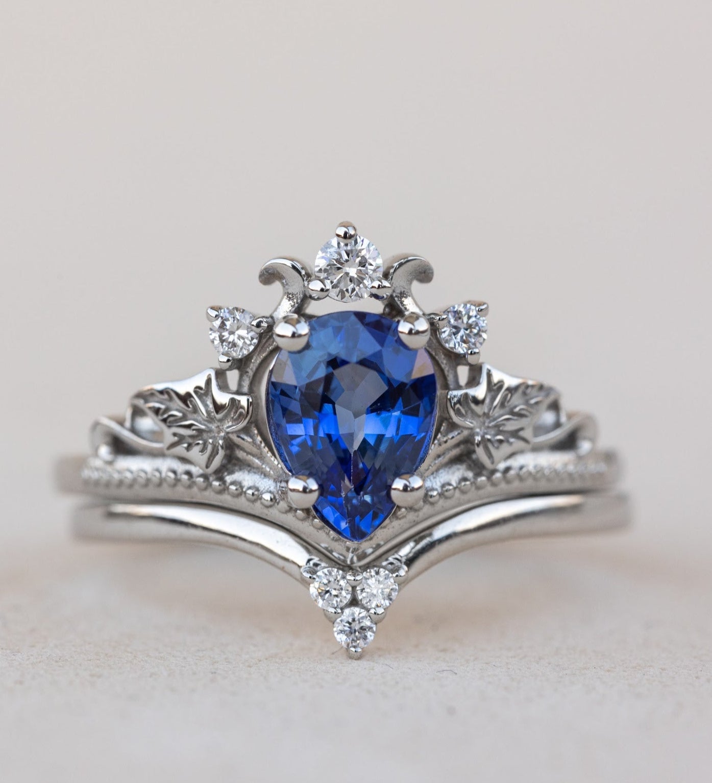 READY TO SHIP: Ariadne bridal set in 14K white gold, pear cut natural sapphire 7x5 mm, lab grown diamonds, RING SIZE: 3 - 6  US - Eden Garden Jewelry™