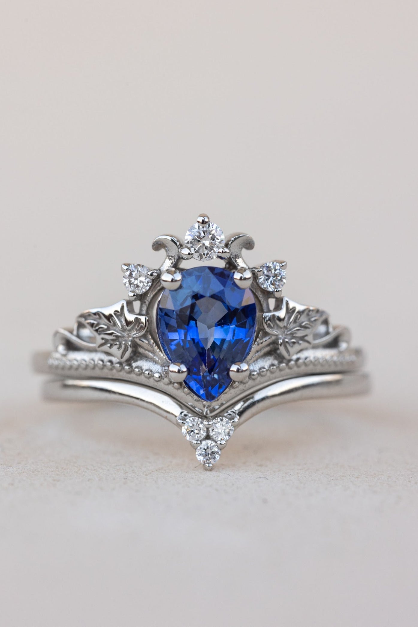 READY TO SHIP: Ariadne bridal set in 14K white gold, pear cut natural sapphire 7x5 mm, lab grown diamonds, RING SIZE: 3 - 6  US - Eden Garden Jewelry™