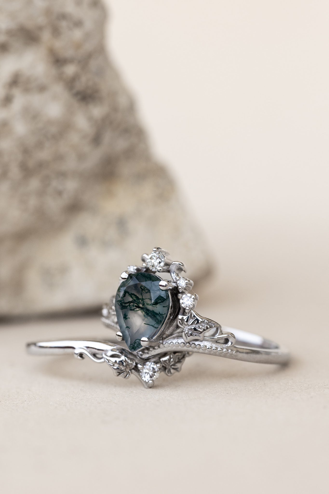 READY TO SHIP: Ariadne ring in 14K or 18K white gold, pear cut moss agate, accent lab grown diamonds, RING SIZE:  7US