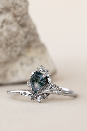 READY TO SHIP: Ariadne ring in 14K or 18K white gold, pear cut moss agate, accent lab grown diamonds, RING SIZE:  7US