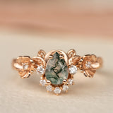 Pear moss agate engagement ring with half-halo diamond, rose gold flower proposal ring / Adelina - Eden Garden Jewelry™