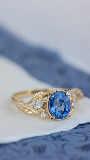 READY TO SHIP: Patricia ring in 14K yellow gold, natural blue sapphire 8x6 mm, accent natural diamonds, AVAILABLE RING SIZES: 5.25 - 8.25 US - Eden Garden Jewelry™