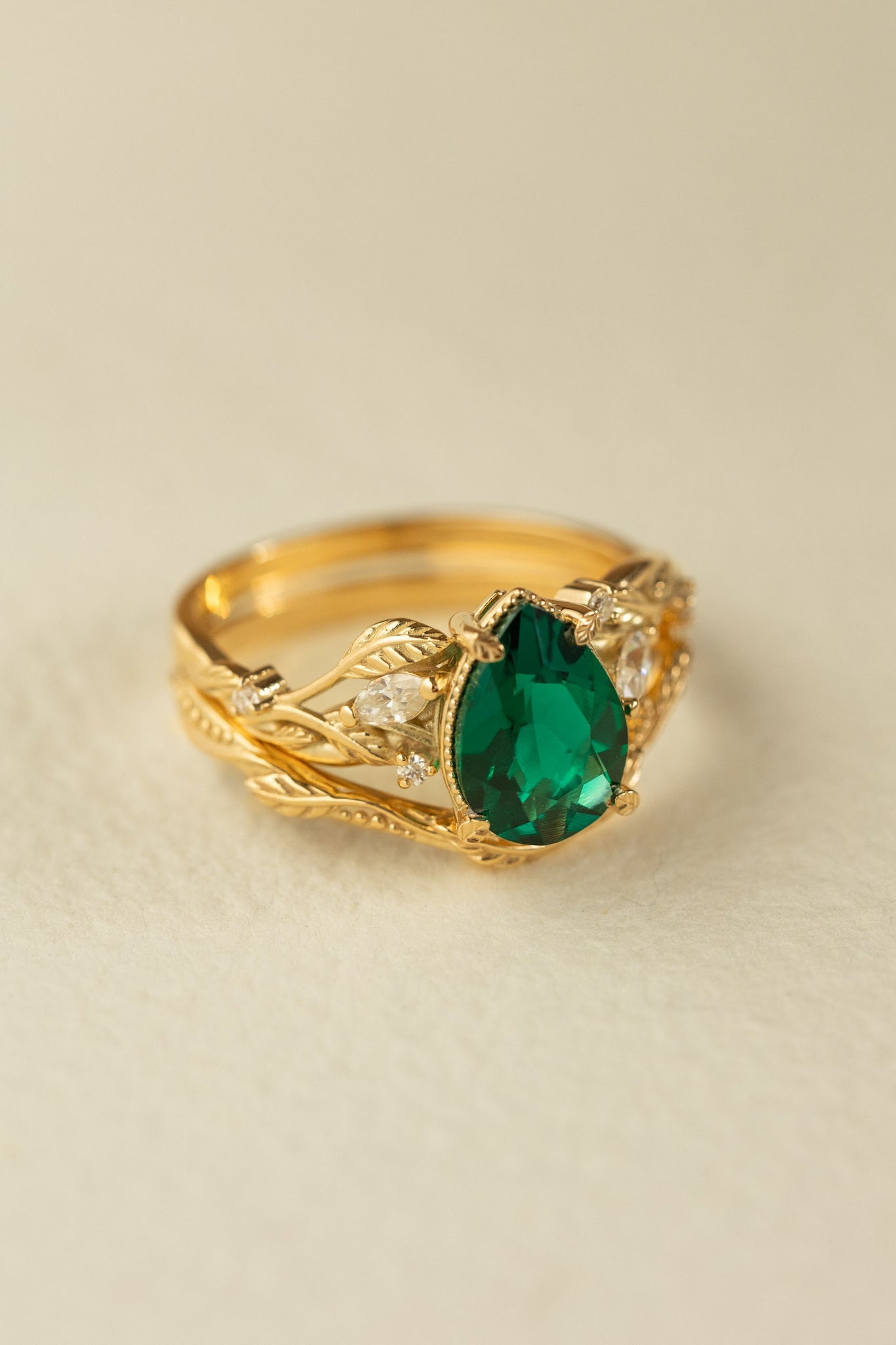 Big lab emerald twig engagement ring set, yellow gold leaf bridal ring set with marquise cut diamonds  / Patricia - Eden Garden Jewelry™