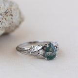 Unique moss agate engagement ring, white gold engagement ring with accent diamonds / Wisteria