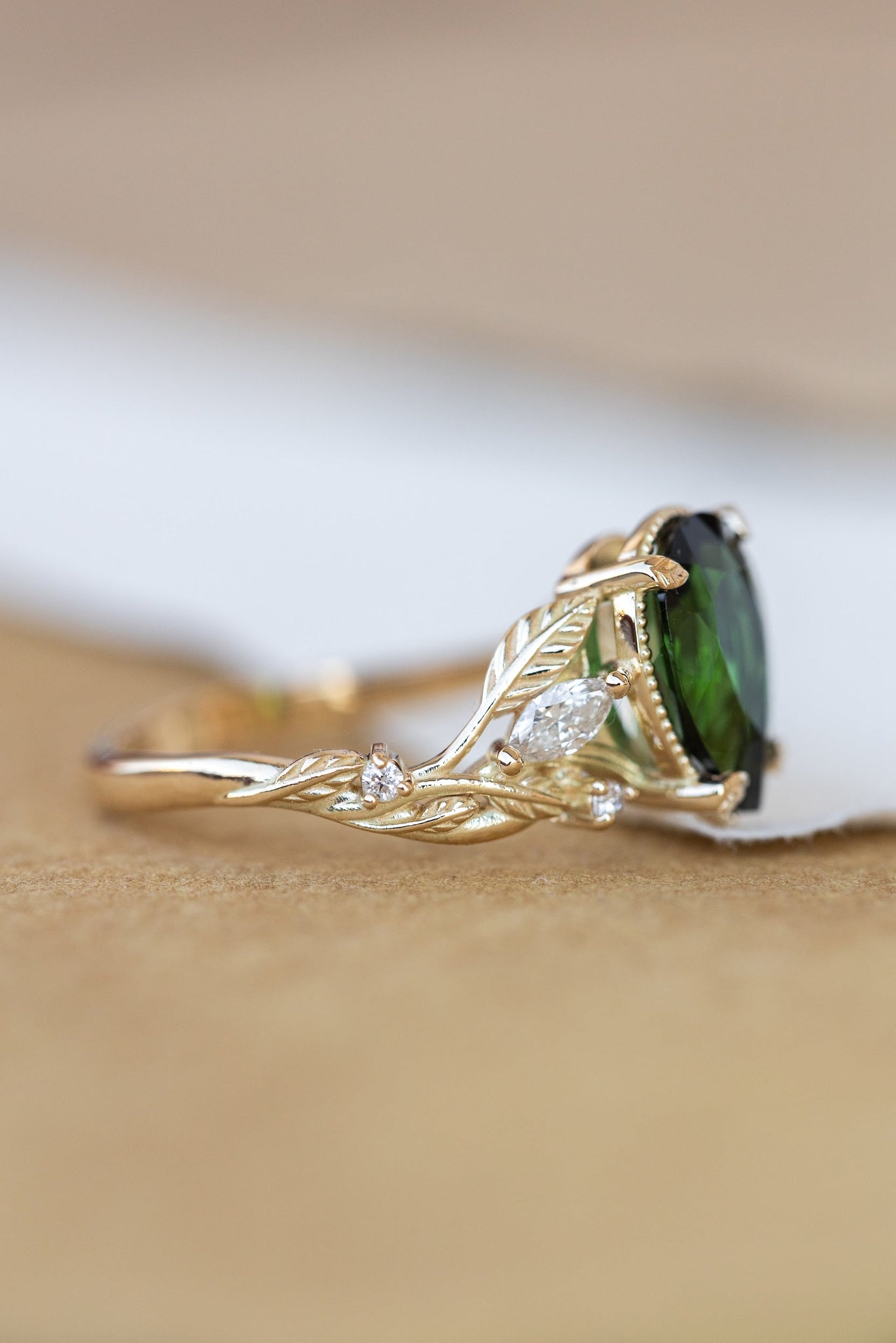 Big vivid green tourmaline engagement ring, nature inspired gold ring with accent diamonds / Patricia - Eden Garden Jewelry™