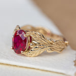 1.5 carat lab ruby engagement ring, gold leaves ring with oval shape gemstone / Cornus - Eden Garden Jewelry™