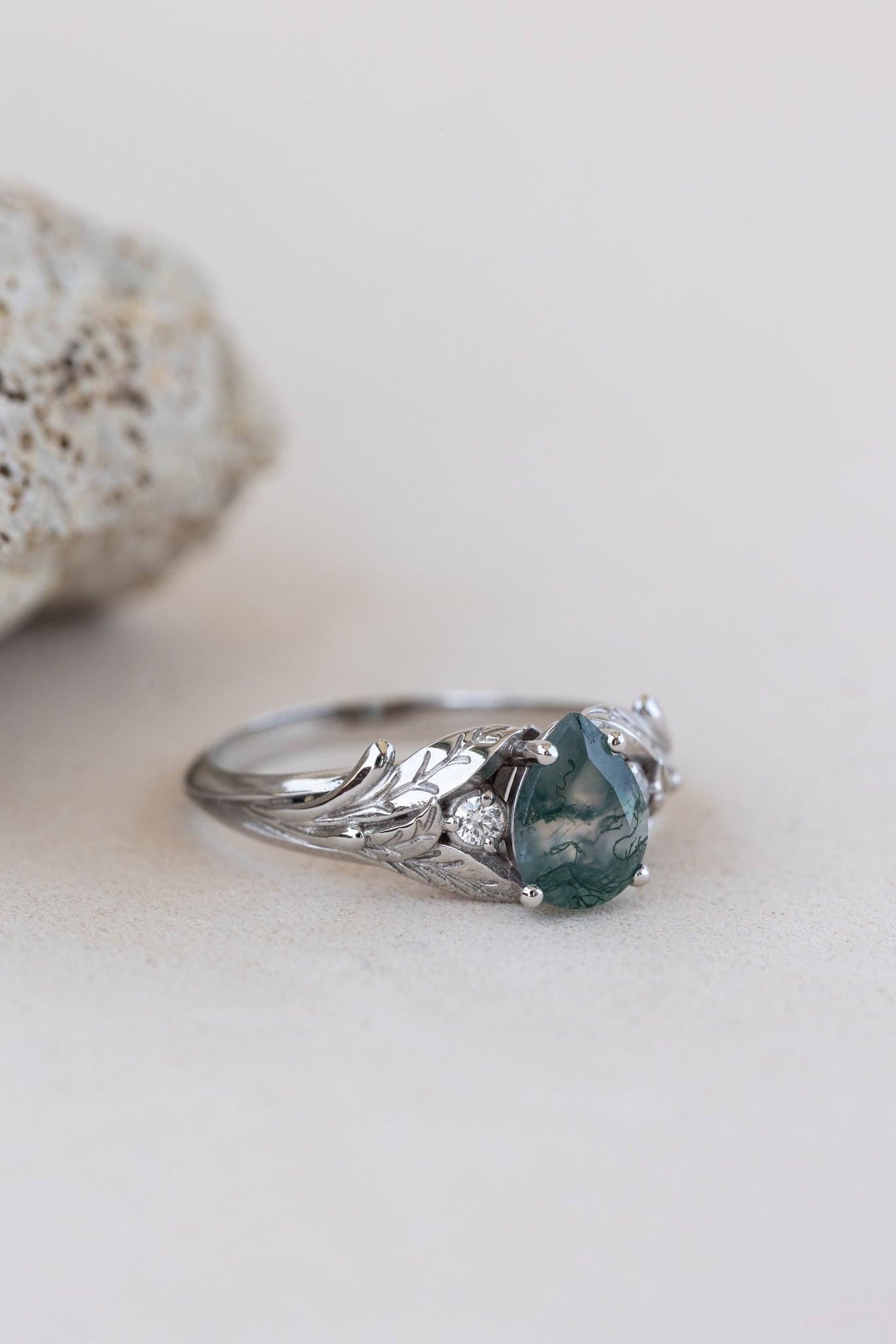 READY TO SHIP: Wisteria ring in 14K or 18K white gold, pear moss agate, accents lab grown diamonds, RING SIZE: 5.75 - 8.75 US