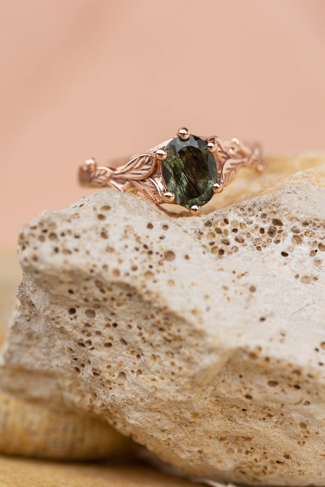 Freesia ring in 14K rutile peridot, rose gold, 8x6 mm oval cut - Eden Garden Jewelry™