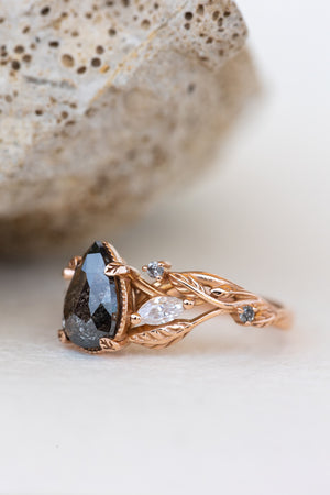 READY TO SHIP: Exclusive Patricia pear cut salt & pepper diamond ring set in rose gold, AVAILABLE RING SIZES: 4US