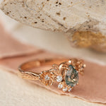 Pear moss agate engagement ring with half-halo diamond, rose gold flower proposal ring / Adelina - Eden Garden Jewelry™