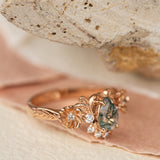 Pear moss agate engagement ring with half-halo diamond, rose gold flower proposal ring / Adelina - Eden Garden Jewelry™