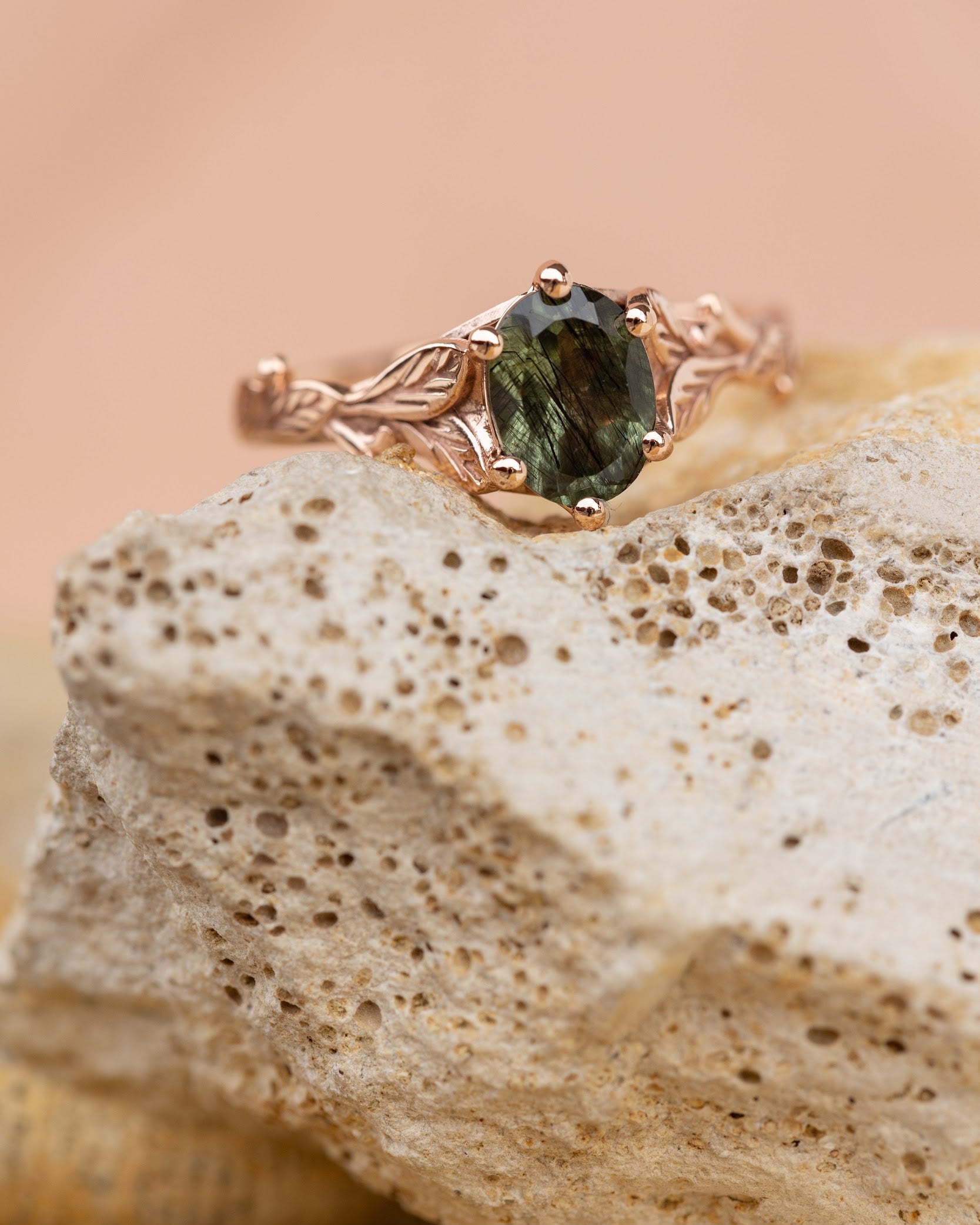 Freesia ring in 14K rutile peridot, rose gold, 8x6 mm oval cut - Eden Garden Jewelry™