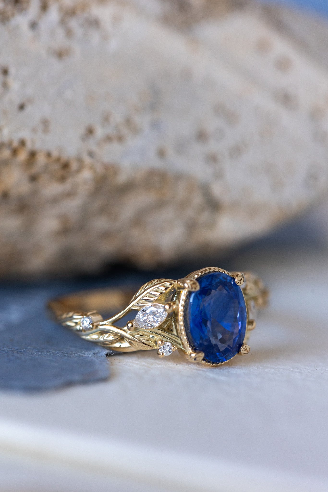 READY TO SHIP: Patricia ring in 14K yellow gold, natural vivid blue sapphire 8x6 mm, accent natural diamonds, AVAILABLE RING SIZES: 7 US