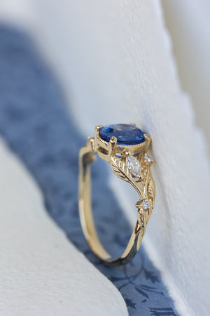 READY TO SHIP: Patricia ring in 14K yellow gold, natural blue sapphire 8x6 mm, accent natural diamonds, AVAILABLE RING SIZES: 6.75 US