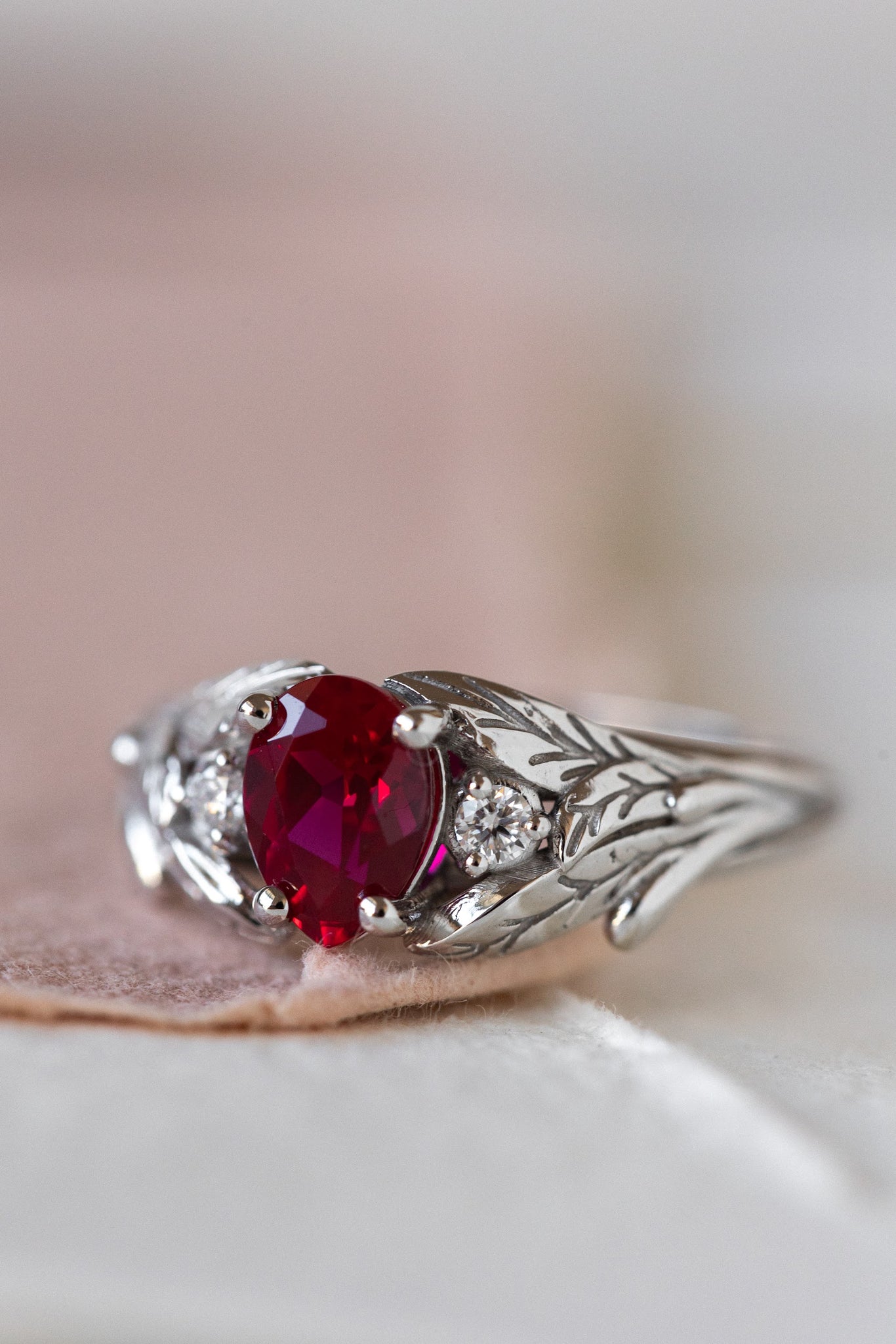 Lab ruby engagement ring, nature inspired ring with accent diamonds / Wisteria - Eden Garden Jewelry™