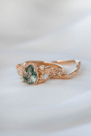 Moss agate and marquise diamonds engagement ring set, gold branch ring with diamonds / Patricia - Eden Garden Jewelry™