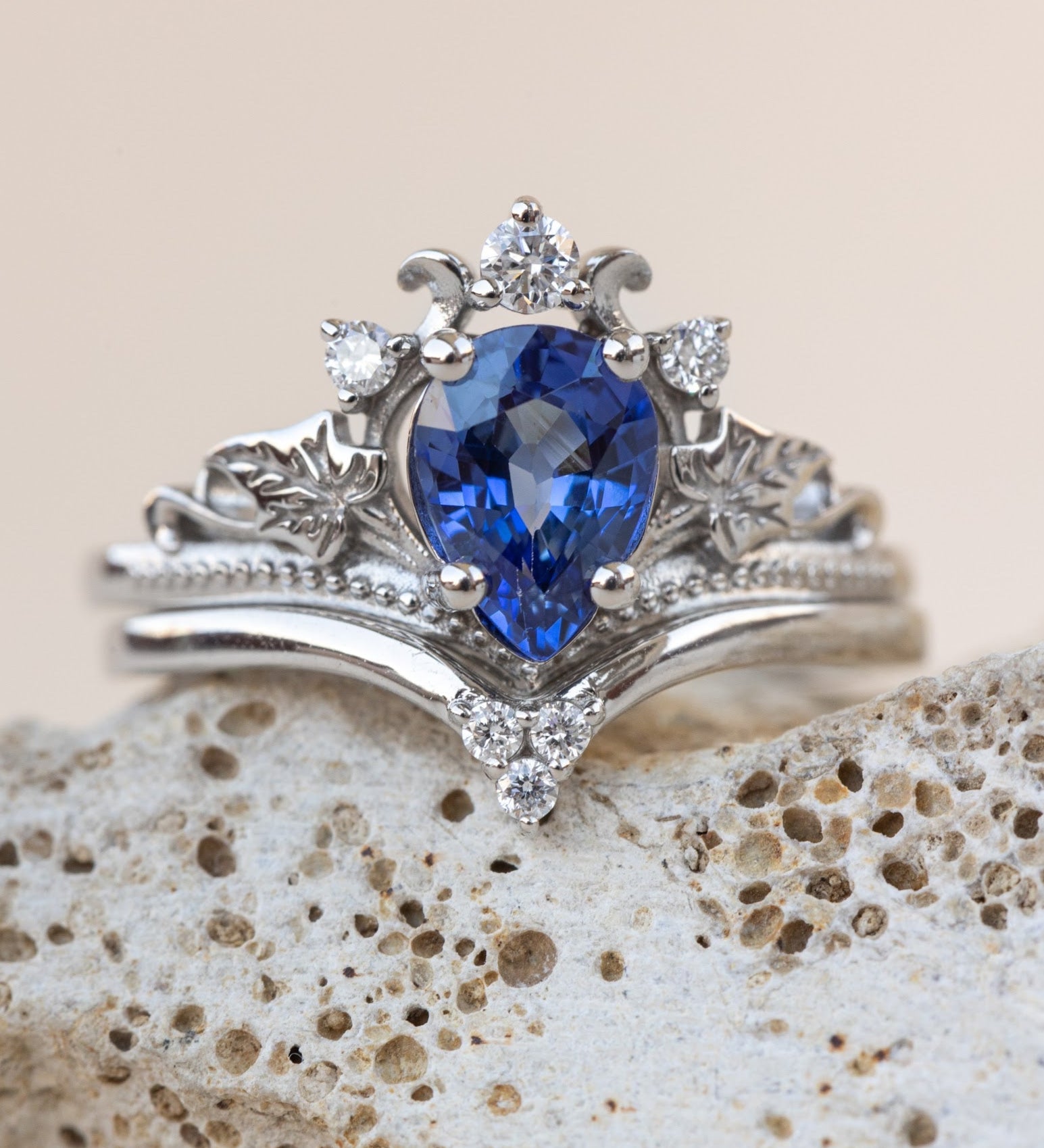 READY TO SHIP: Ariadne bridal set in 14K white gold, pear cut natural sapphire 7x5 mm, lab grown diamonds, RING SIZE: 3 - 6  US - Eden Garden Jewelry™