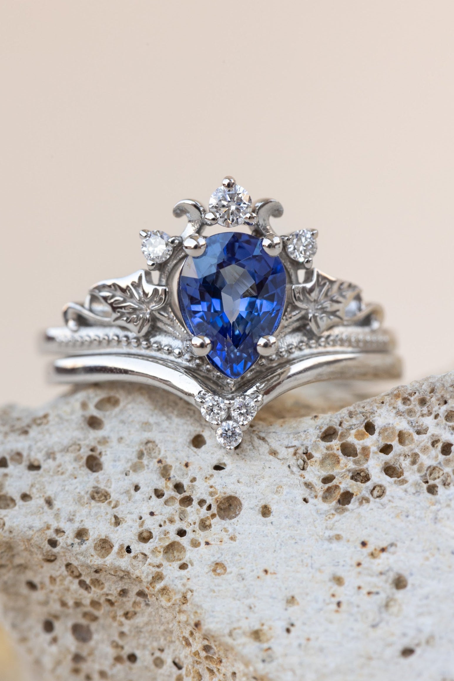 READY TO SHIP: Ariadne bridal set in 14K white gold, pear cut natural sapphire 7x5 mm, lab grown diamonds, RING SIZE: 3 - 6  US - Eden Garden Jewelry™